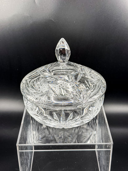 Vintage Bohemian Czech Hand-Cut Crystal Lidded Candy Dish with Pinwheel and Fan Pattern