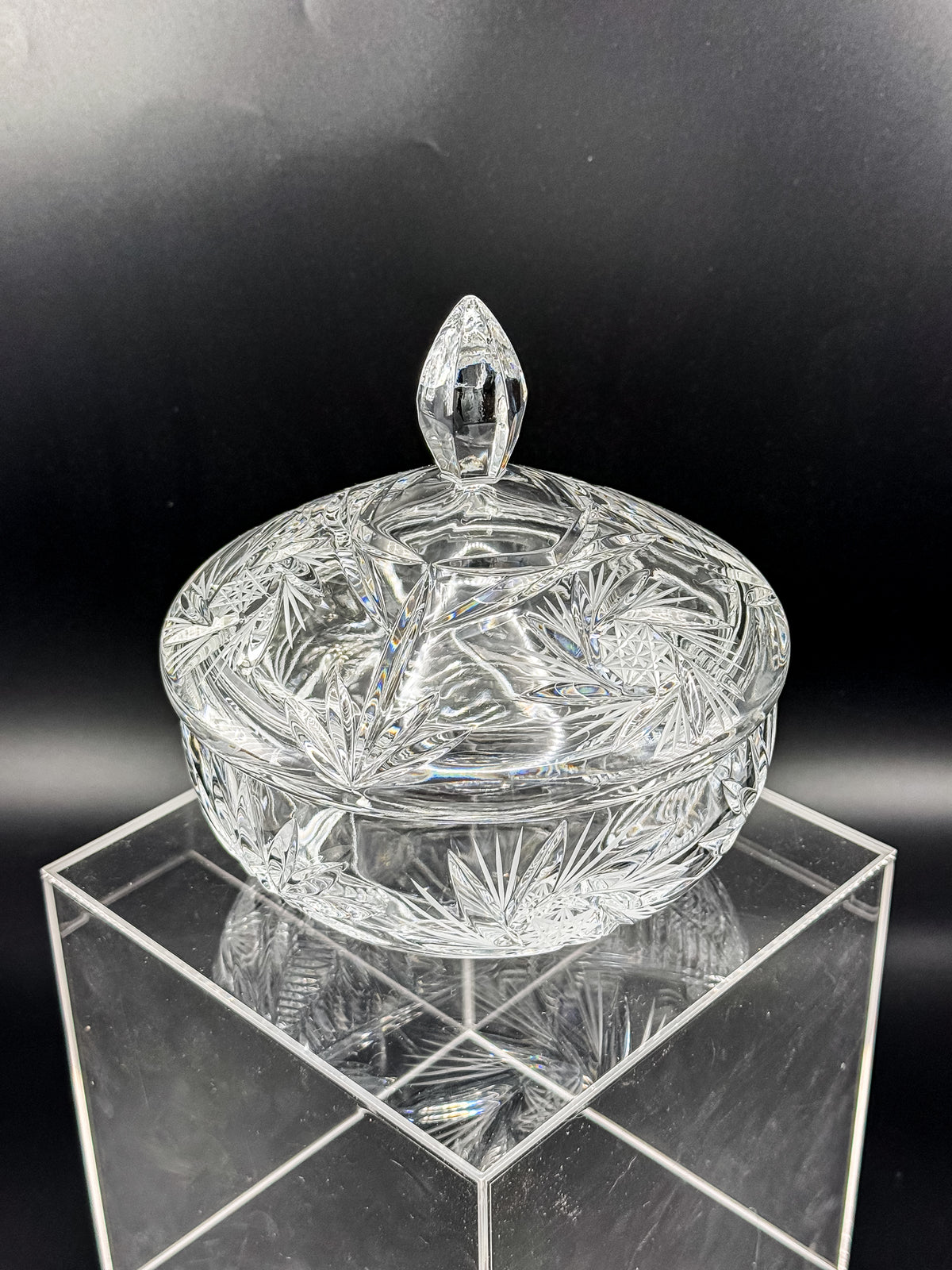 Vintage Bohemian Czech Hand-Cut Crystal Lidded Candy Dish with Pinwheel and Fan Pattern
