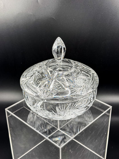 Vintage Bohemian Czech Hand-Cut Crystal Lidded Candy Dish with Pinwheel and Fan Pattern