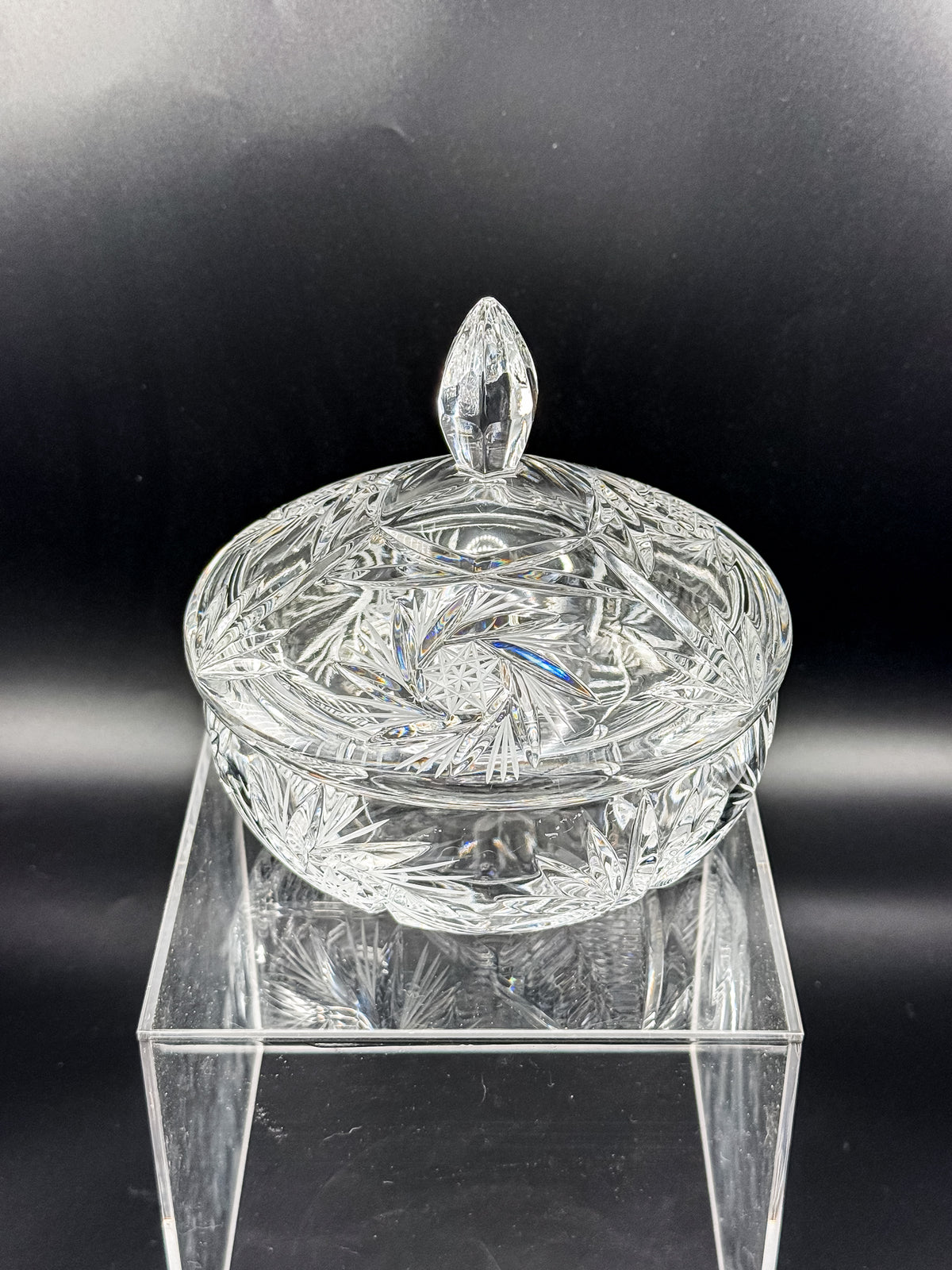 Vintage Bohemian Czech Hand-Cut Crystal Lidded Candy Dish with Pinwheel and Fan Pattern