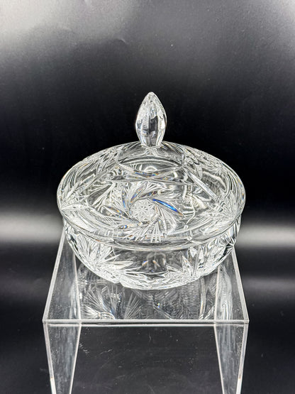 Vintage Bohemian Czech Hand-Cut Crystal Lidded Candy Dish with Pinwheel and Fan Pattern