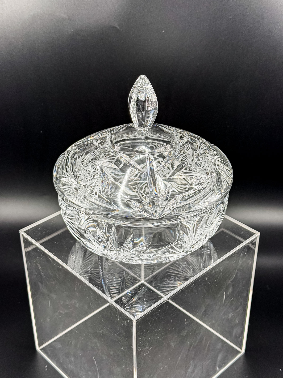 Vintage Bohemian Czech Hand-Cut Crystal Lidded Candy Dish with Pinwheel and Fan Pattern