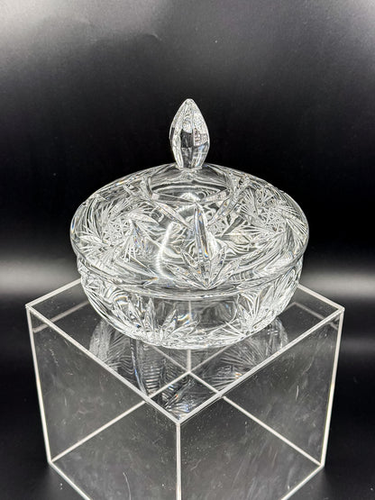 Vintage Bohemian Czech Hand-Cut Crystal Lidded Candy Dish with Pinwheel and Fan Pattern