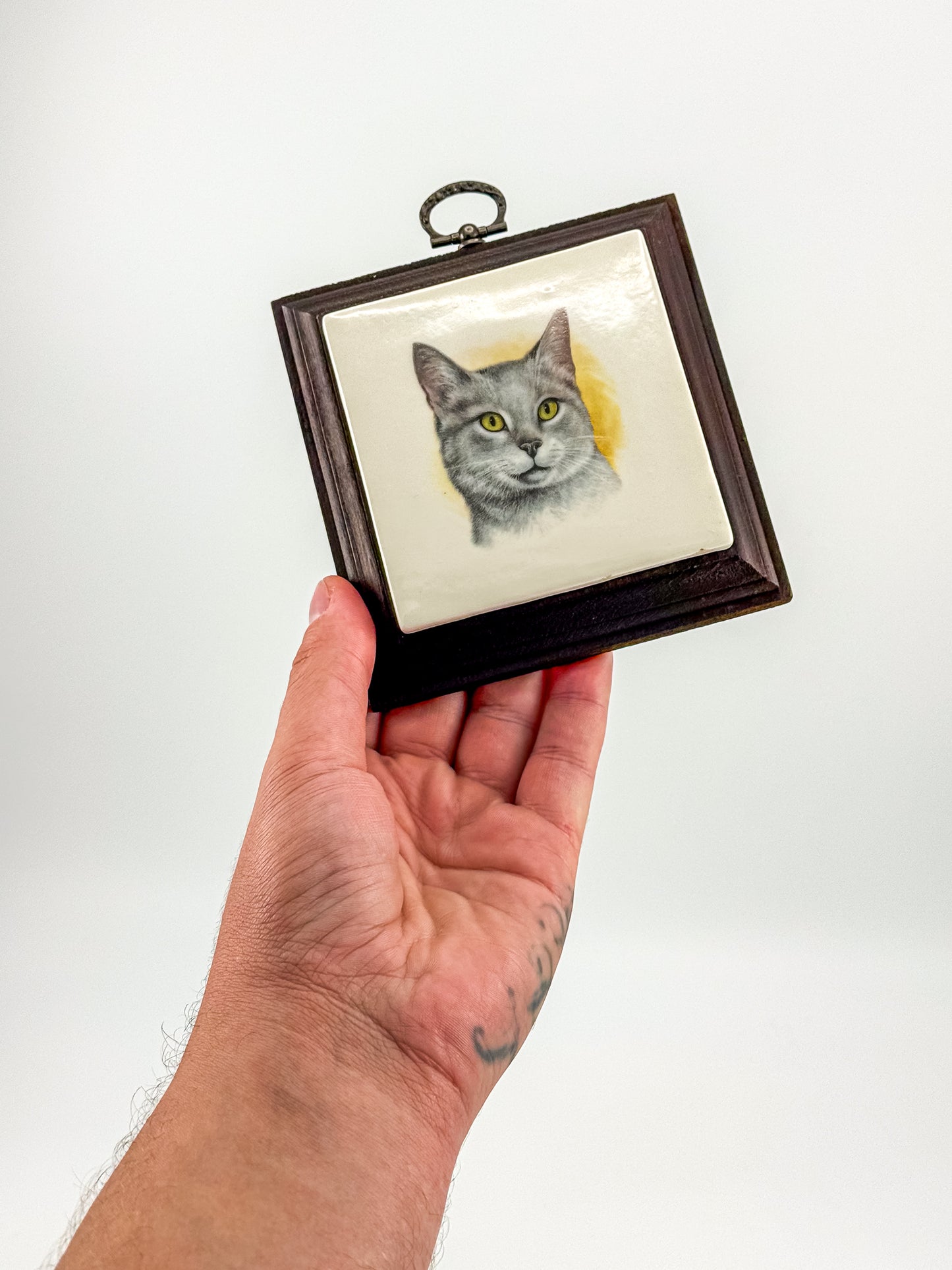 Vintage Gray Cat Portrait Ceramic Tile Wall Plaque in Dark Wood Frame, Holiday House Manitowoc WI