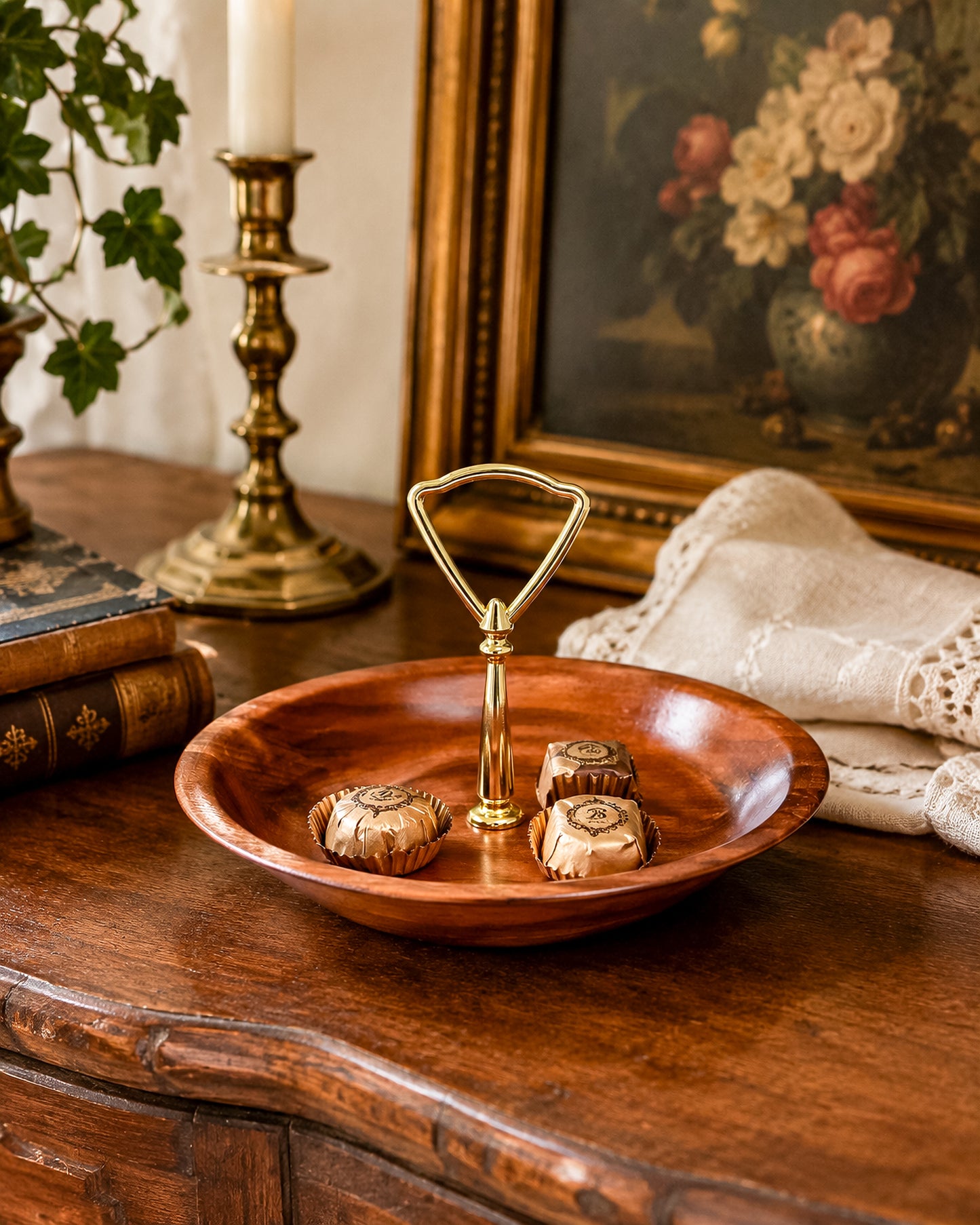 Vintage Ozark Walnutware Solid Walnut Tidbit Tray with Brass Handle, MCM Serving Dish