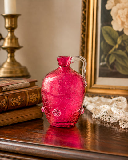 Vintage Blenko Glass Cranberry Crackle Pitcher with Raspberry Prunts, MCM Art Glass Jug