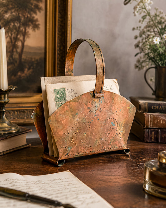 Village by Pfaltzgraff Hammered Copper Napkin or Letter Holder with Punched Dot Motifs, Arched Handle