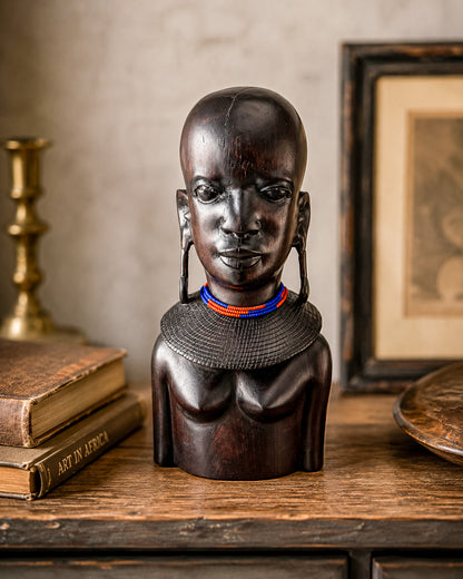 Vintage Hand-Carved Ironwood Maasai Woman Bust Sculpture with Beaded Necklace and Teardrop Earrings