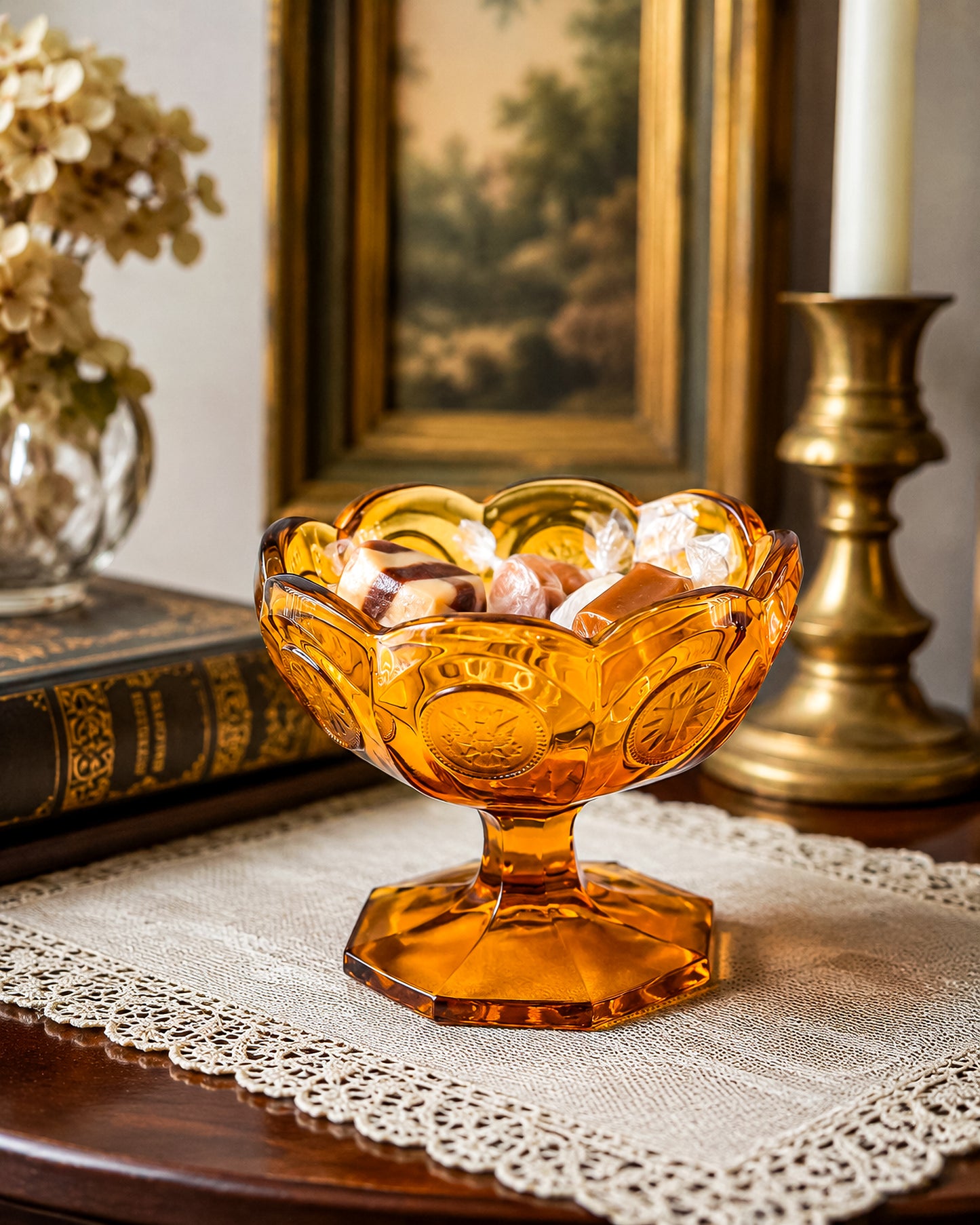 Fostoria Coin Glass Amber Pedestal Compote Candy Dish with Eagle Coin Motifs and Scalloped Rim