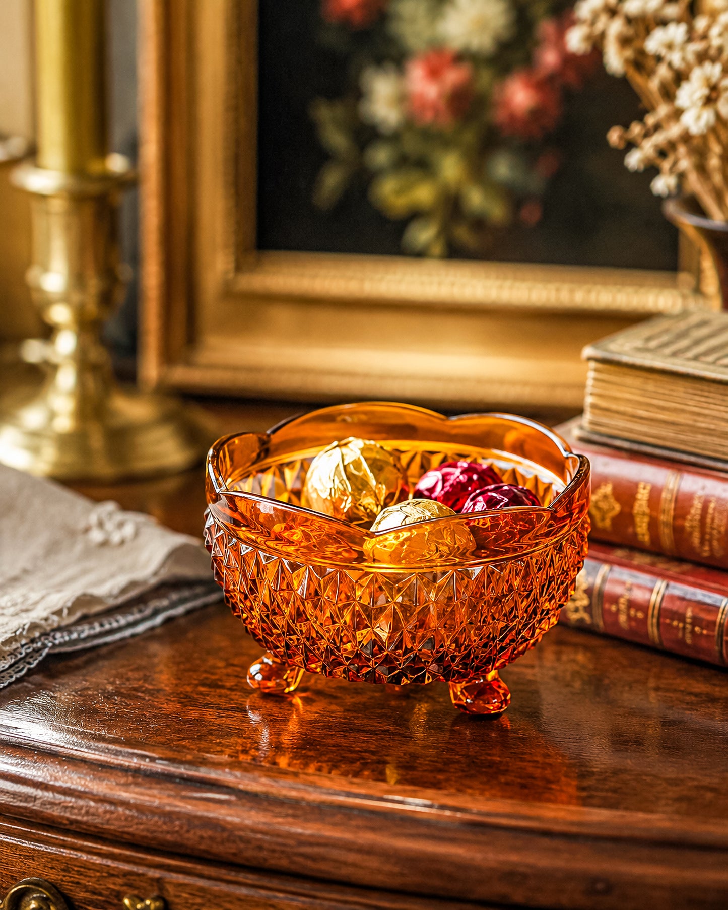 Indiana Glass Diamond Point Amber Footed Bowl with Scalloped Rim, Vintage Mid-Century Pressed Glass