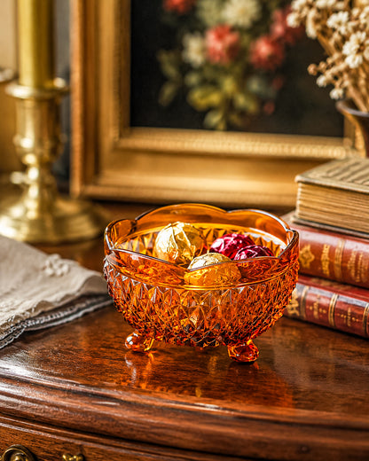Indiana Glass Diamond Point Amber Footed Bowl with Scalloped Rim, Vintage Mid-Century Pressed Glass