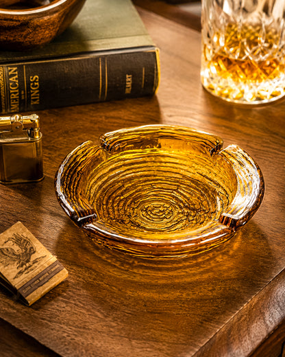 Vintage Anchor Hocking Soreno Amber Glass Ashtray with Concentric Bark Texture and Four Cigarette Rests
