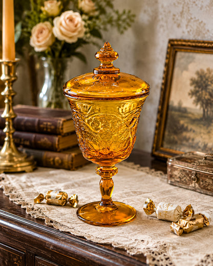 L.E. Smith Amber Glass Eagle and Stars Lidded Candy Dish on Pedestal, Vintage Patriotic Pressed Glass