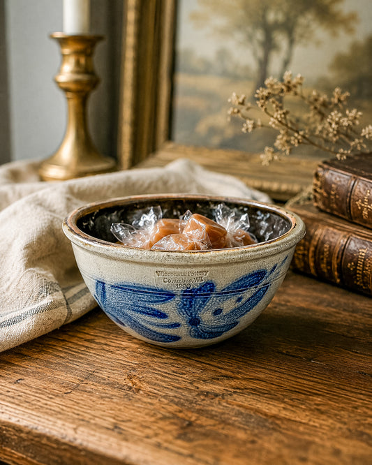 Vintage Wisconsin Pottery Salt Glaze Stoneware Bowl with Cobalt Blue Floral Brushwork, Columbus WI 1990