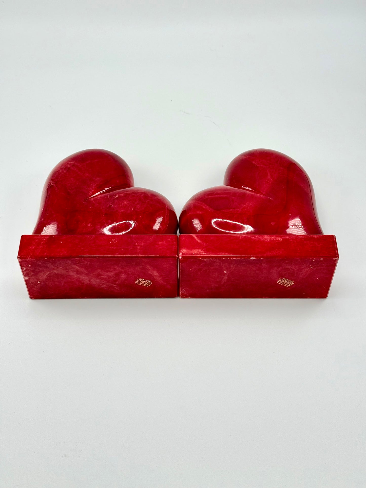 Vintage Hand-Carved Red Alabaster Heart Bookends by Ducceschi, Volterra Italy — Genuine Stone, Sold as a Pair