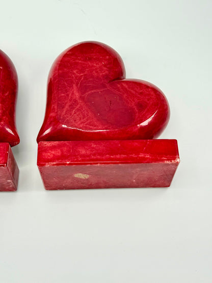Vintage Hand-Carved Red Alabaster Heart Bookends by Ducceschi, Volterra Italy — Genuine Stone, Sold as a Pair