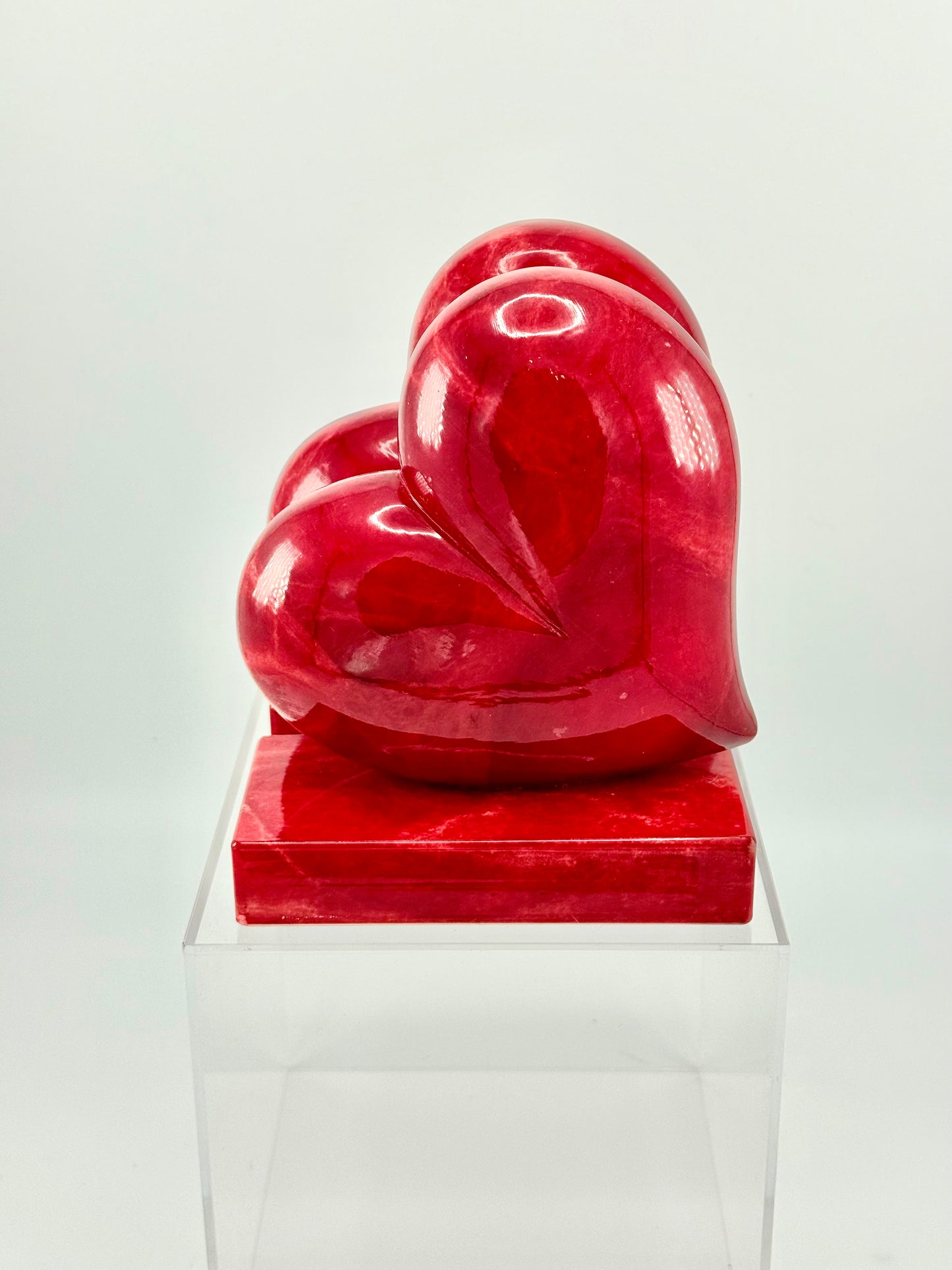 Vintage Hand-Carved Red Alabaster Heart Bookends by Ducceschi, Volterra Italy — Genuine Stone, Sold as a Pair