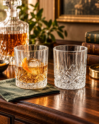 Vintage Libbey Nachtmann Rocks Glasses with Diamond Pattern and Starburst Bases, Sold as a Pair