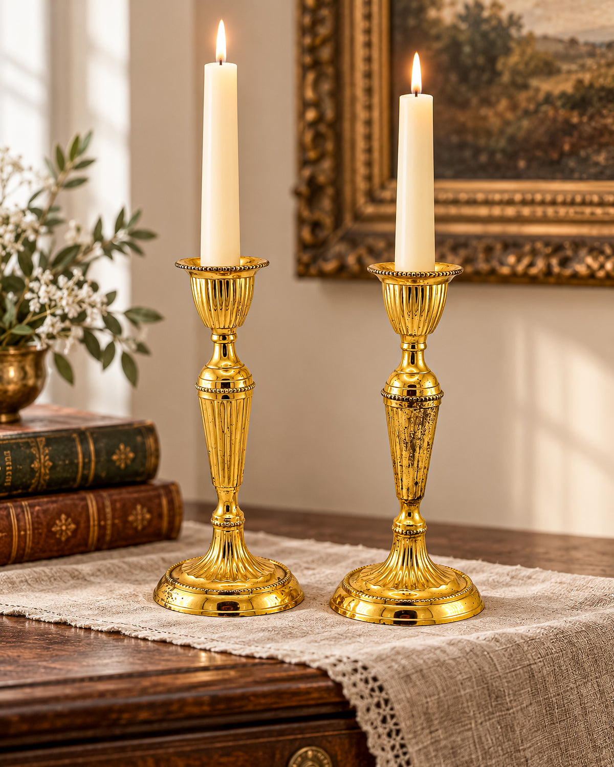 Gold-Tone Fluted Taper Candlestick Holders with Beaded Trim, Pair, Believed Brass