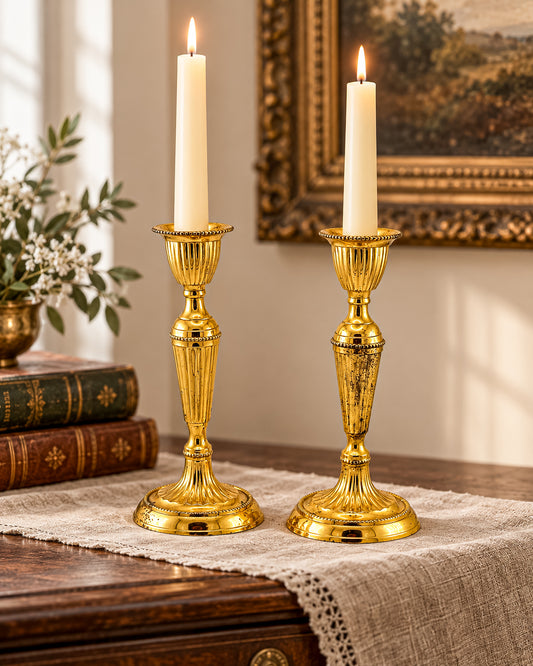 Gold-Tone Fluted Taper Candlestick Holders with Beaded Trim, Pair, Believed Brass