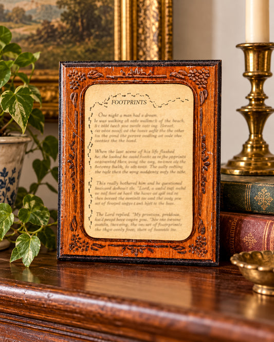 Vintage Wooden Footprints Poem Wall Plaque with Floral Border, Christian Decor Labeled Fish Enterprises