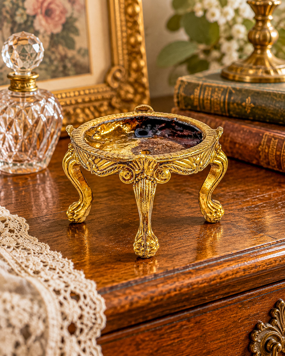 Vintage Ornate Gold-Tone Metal Display Base with Four Claw Feet and Rococo-Style Scrollwork