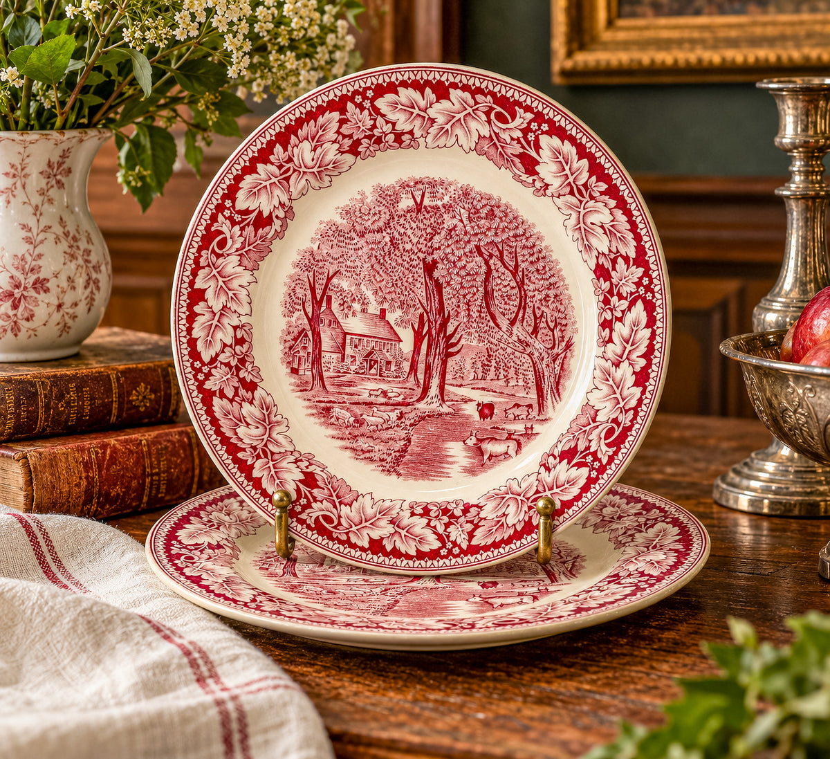 Vintage Homer Laughlin Currier & Ives Home Sweet Home Red Transferware Plate, Sold Individually, Not a Set