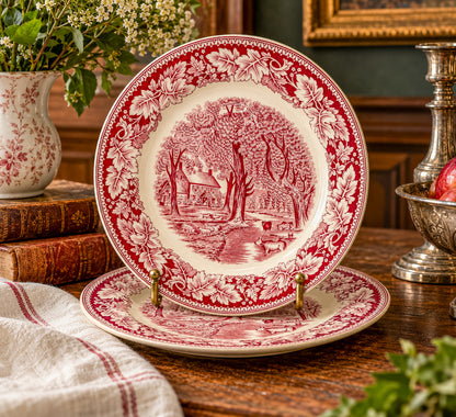 Vintage Homer Laughlin Currier & Ives Home Sweet Home Red Transferware Plate, Sold Individually, Not a Set