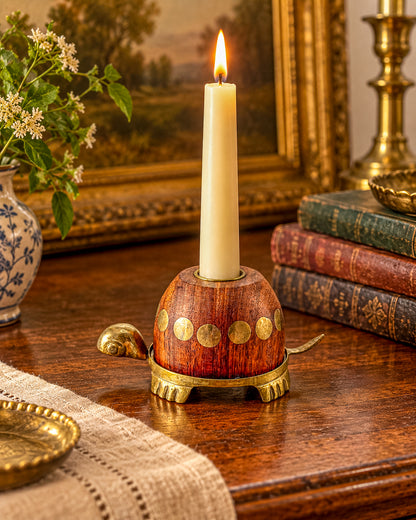 Vintage Turtle Candle Holder with Wooden Shell and Brass Accents