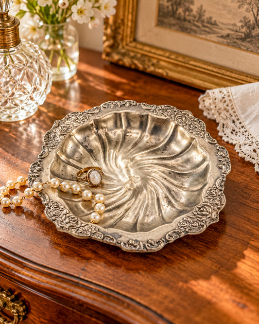 Vintage Tin-Rich Metal Decorative Dish with Swirl Fluting and an Ornate Rose Border, Marked 92% Tin