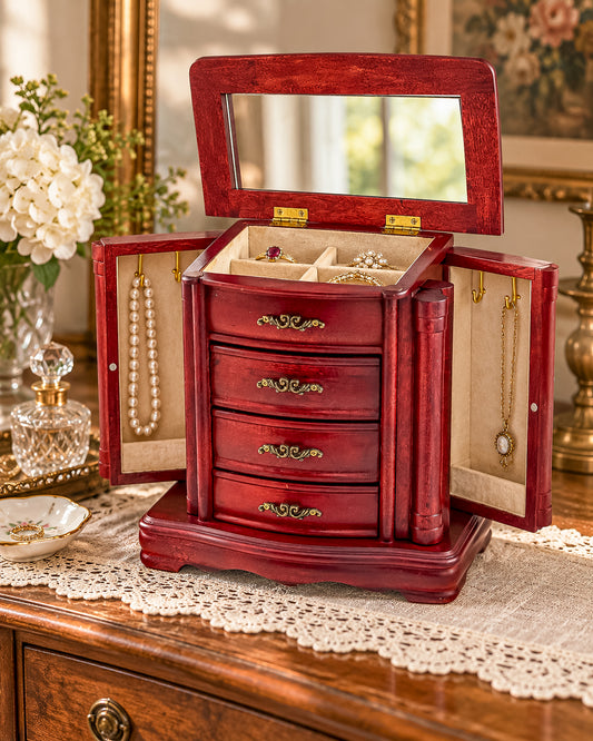 Vintage Wooden Jewelry Chest with Three Drawers, Necklace Doors and Mirrored Lid, Traditional Vanity Organizer