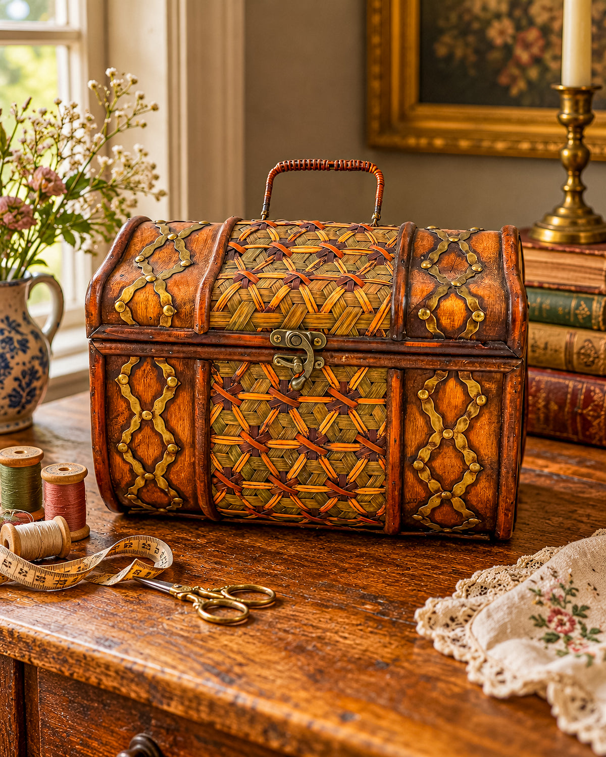 Rustic Wooden Treasure Chest with Woven Panels, Domed Lid and Decorative Metal Accents