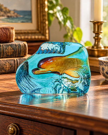Aqua Blue Art Glass Paperweight with Amber Swirls and Textured Edges, Signed Butterfield 96