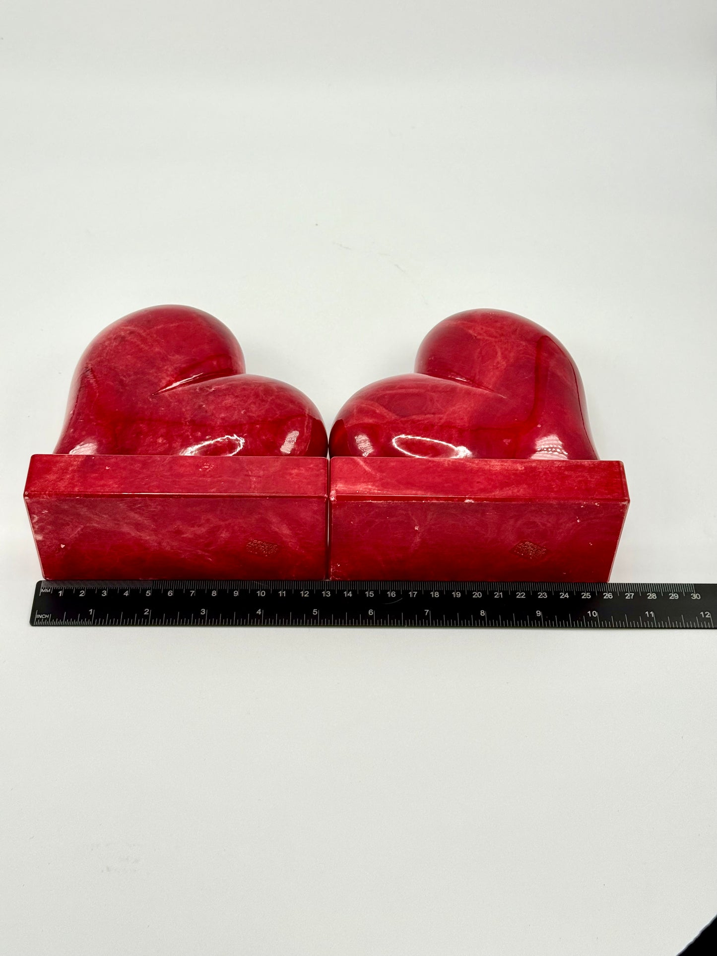 Vintage Hand-Carved Red Alabaster Heart Bookends by Ducceschi, Volterra Italy — Genuine Stone, Sold as a Pair