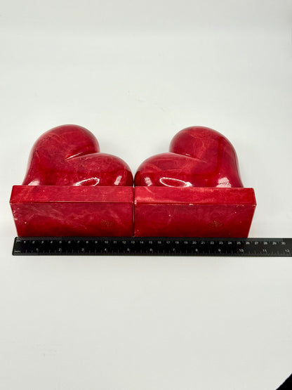 Vintage Hand-Carved Red Alabaster Heart Bookends by Ducceschi, Volterra Italy — Genuine Stone, Sold as a Pair