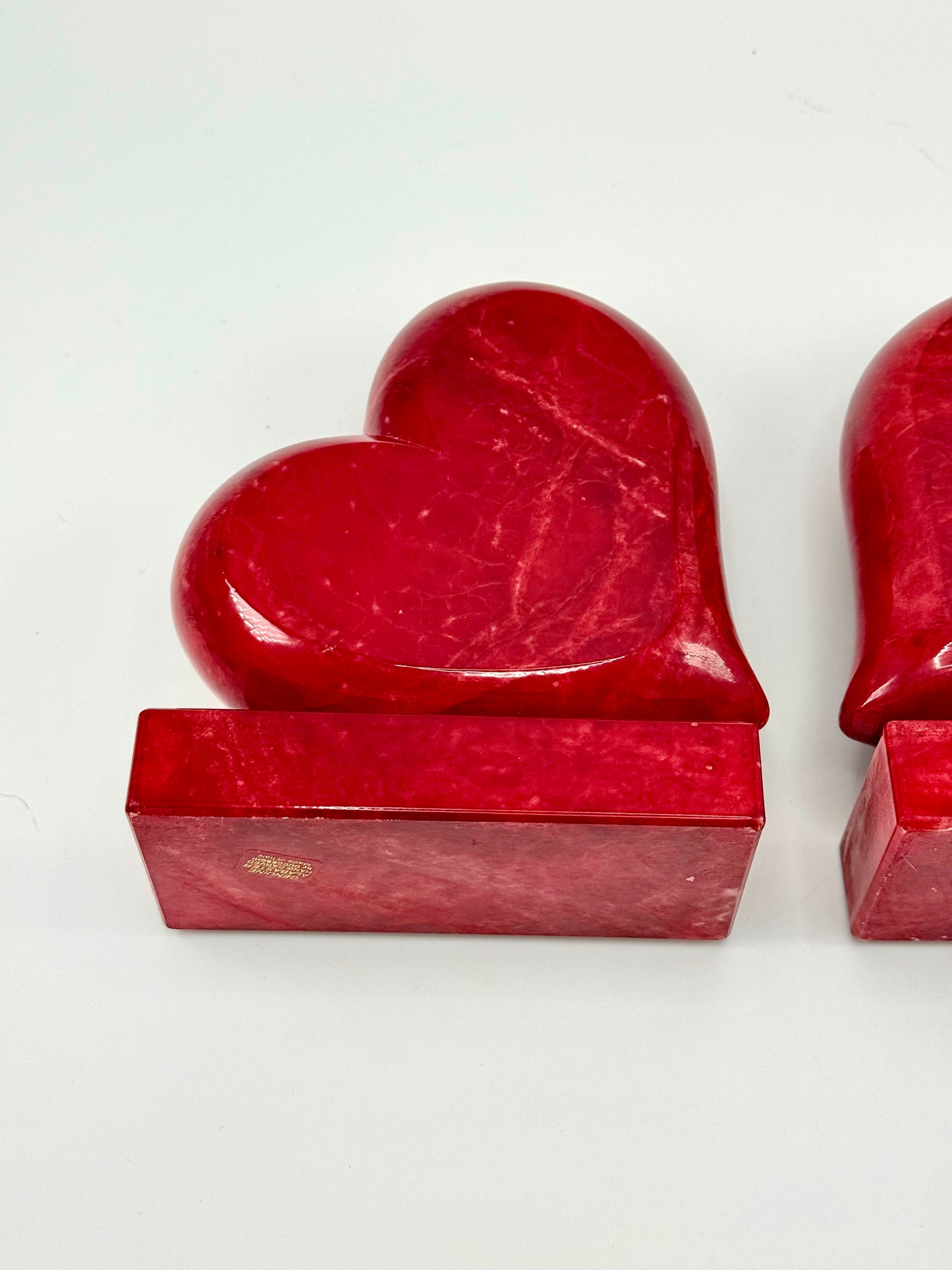 Vintage Hand-Carved Red Alabaster Heart Bookends by Ducceschi, Volterra Italy — Genuine Stone, Sold as a Pair