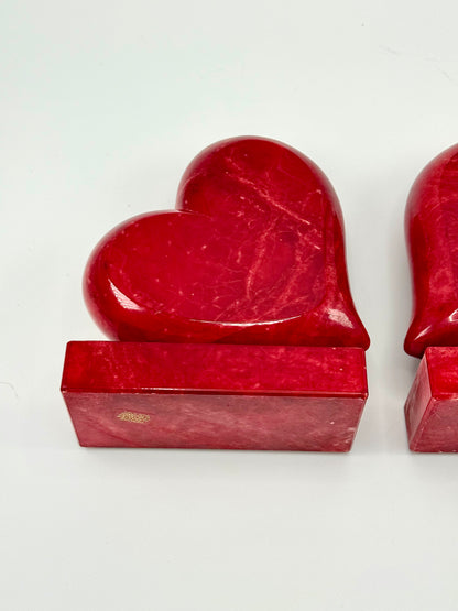 Vintage Hand-Carved Red Alabaster Heart Bookends by Ducceschi, Volterra Italy — Genuine Stone, Sold as a Pair