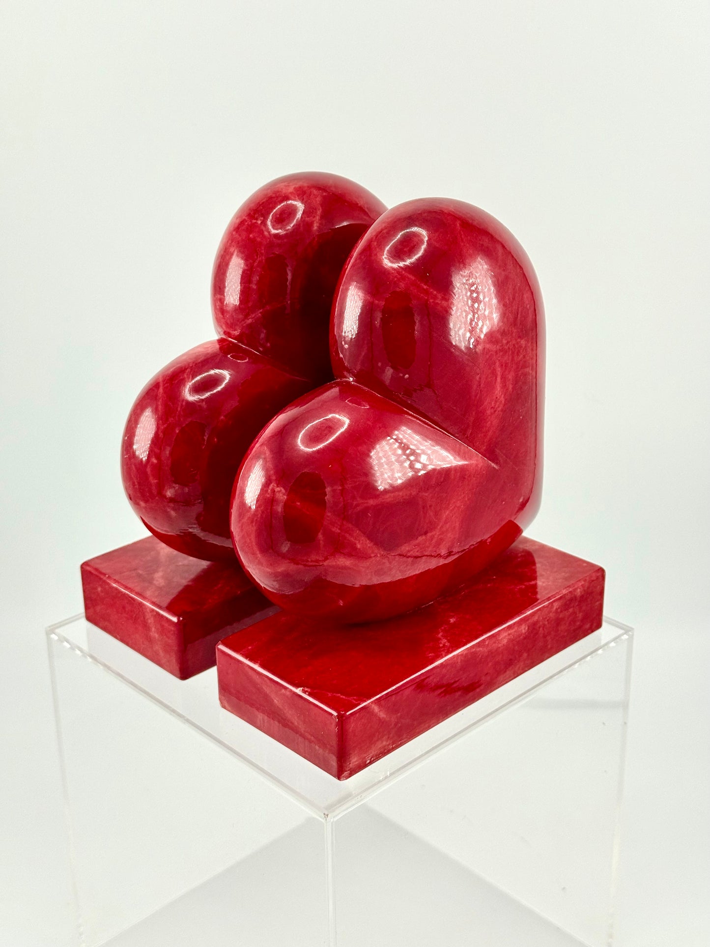 Vintage Hand-Carved Red Alabaster Heart Bookends by Ducceschi, Volterra Italy — Genuine Stone, Sold as a Pair