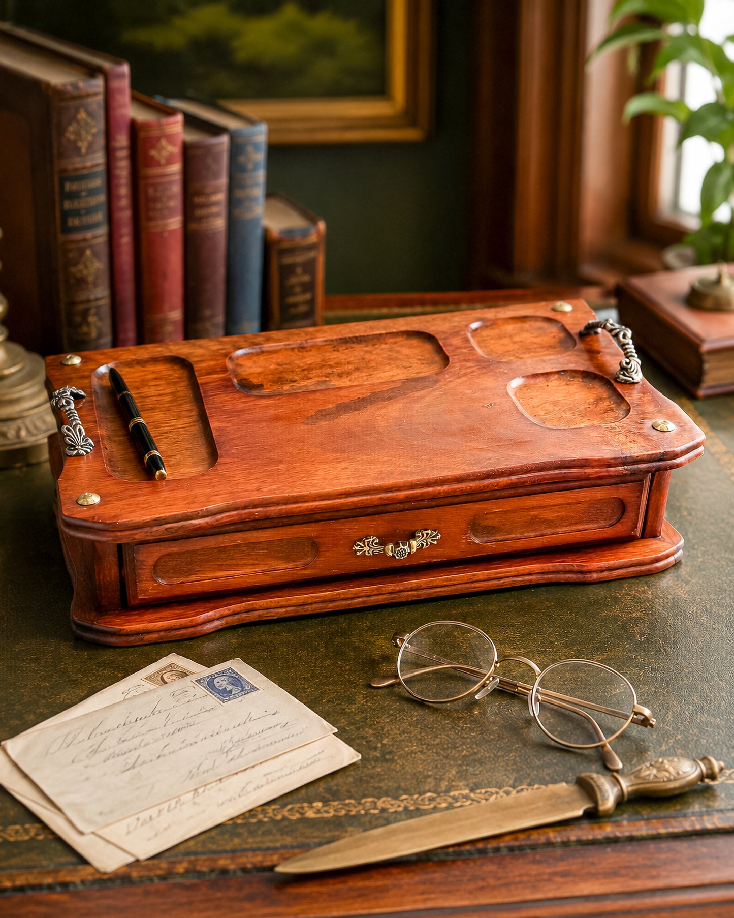 Vintage Wood Valet Box with Drawer and Ornate Handles, Dresser Organizer