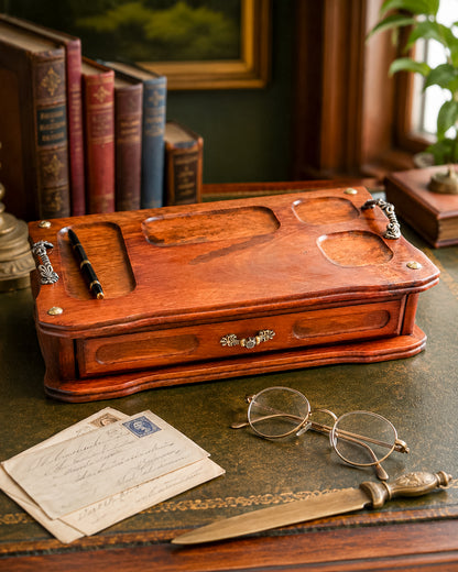 Vintage Wood Valet Box with Drawer and Ornate Handles, Dresser Organizer