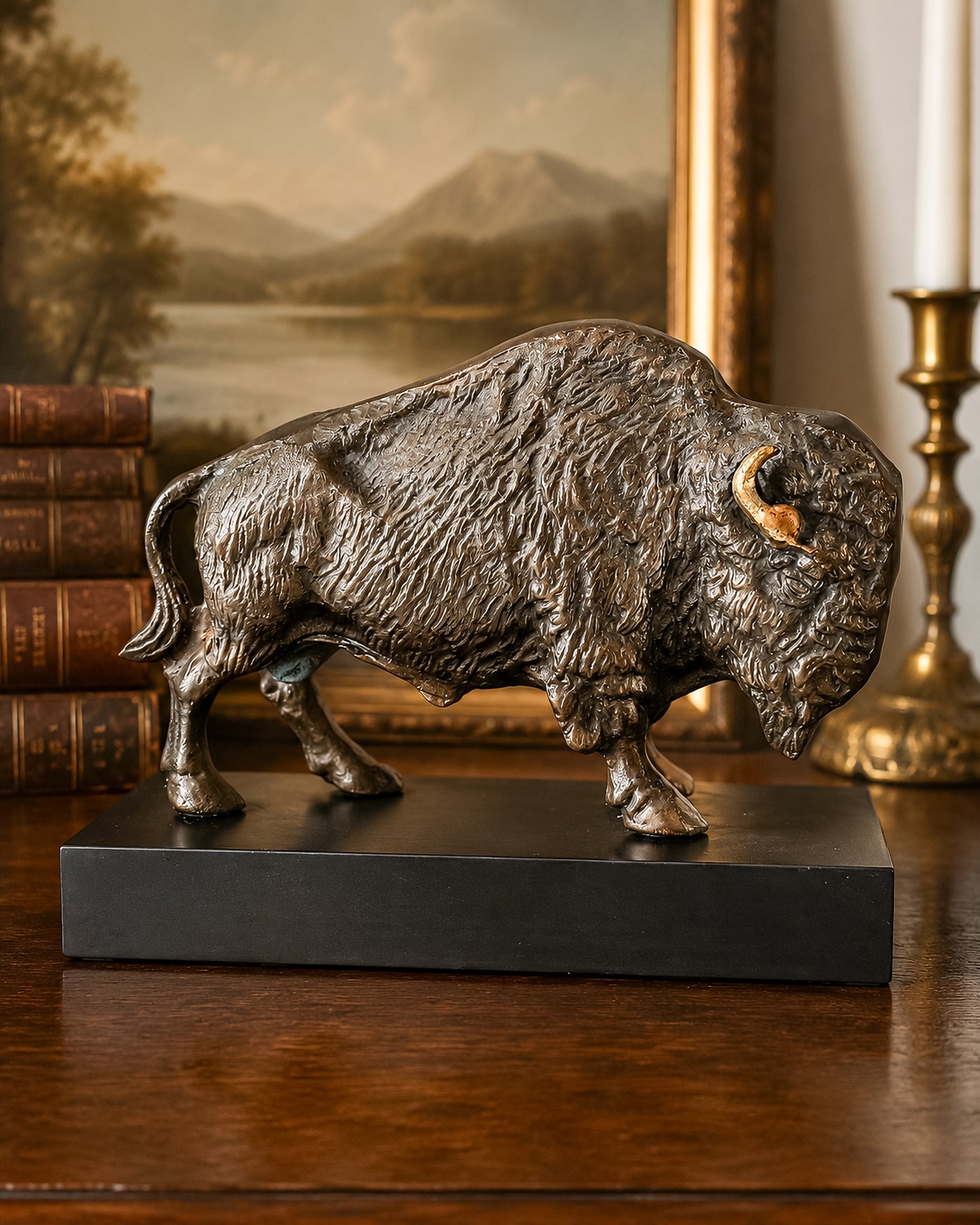 Vintage Solid Brass Bison Buffalo Figurine on Wood Base, Patinated Brass Wildlife Sculpture