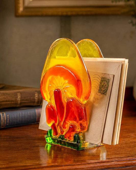 Vintage Lucite Mushroom Napkin Holder or Letter Holder, Amber Orange and Green Acrylic, 1970s Retro Decor