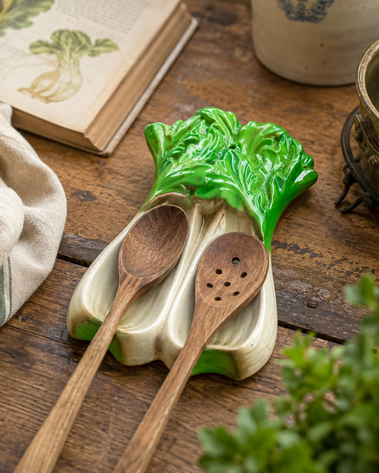 Vintage Ceramic Bok Choy Double Spoon Rest with Wall Hanging Hole, Vegetable Kitchen Decor