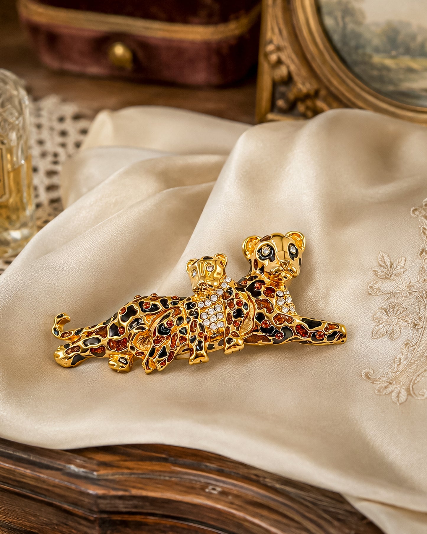 St. John Signed Vintage Gold and Black Rhinestone Leopard with Baby Trembler Brooch