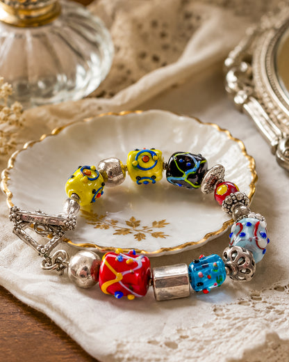 Vintage Silpada Sterling Silver Lampwork Glass Bead Bracelet with Square Toggle Clasp