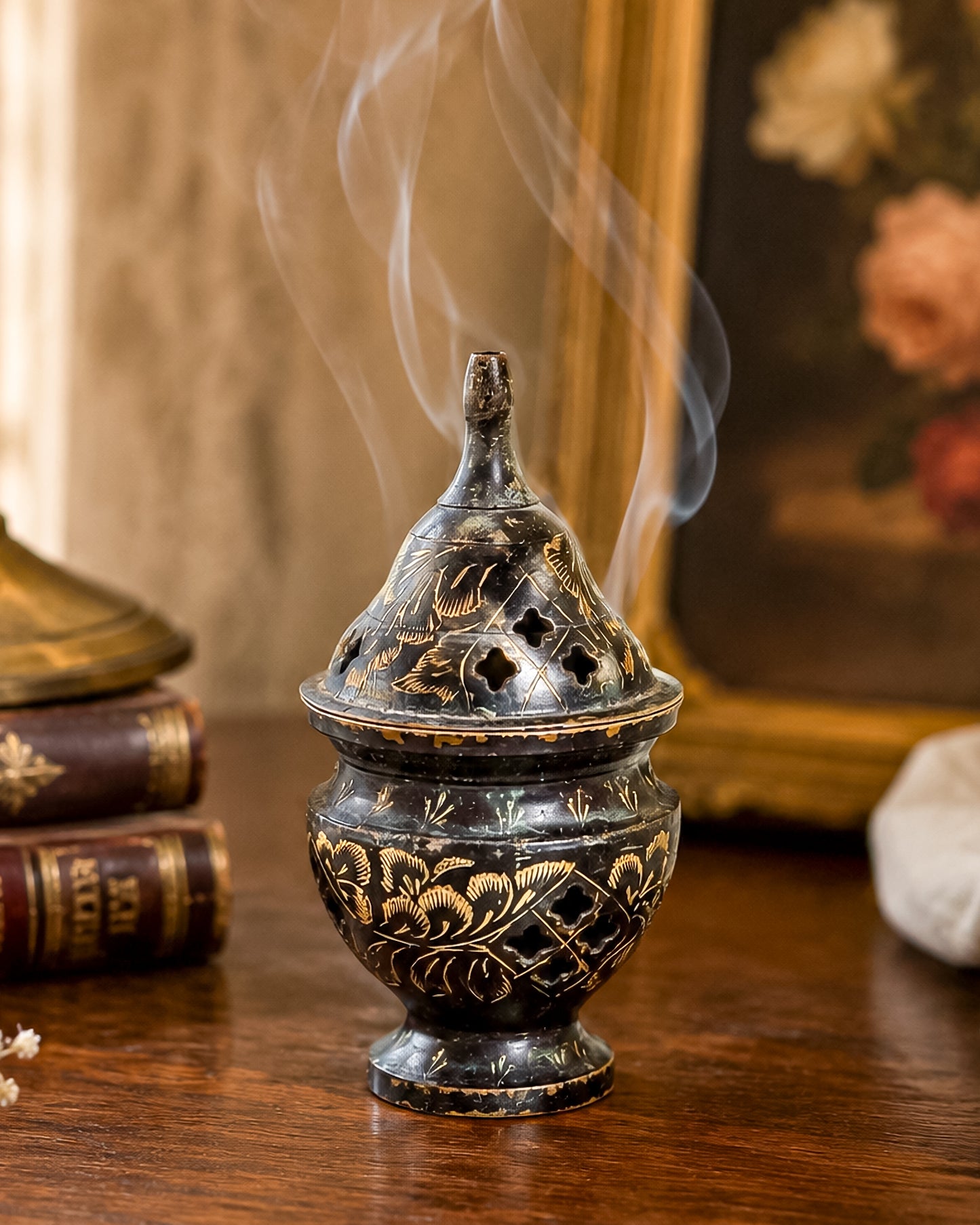 Vintage Miniature Brass Incense Burner Censer with Pierced Domed Lid and Floral Engraving