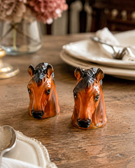 Vintage Ceramic Bay Horse Head Salt and Pepper Shakers, Made in Japan, Equestrian Decor