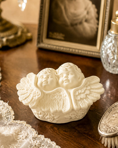 Vintage Porcelain Bisque Double Cherub Angel Trinket Box with Wings