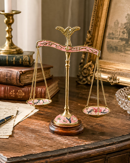 Antique Brass Balance Scales with Hand-Painted Enamel Floral Dishes on Wood Base