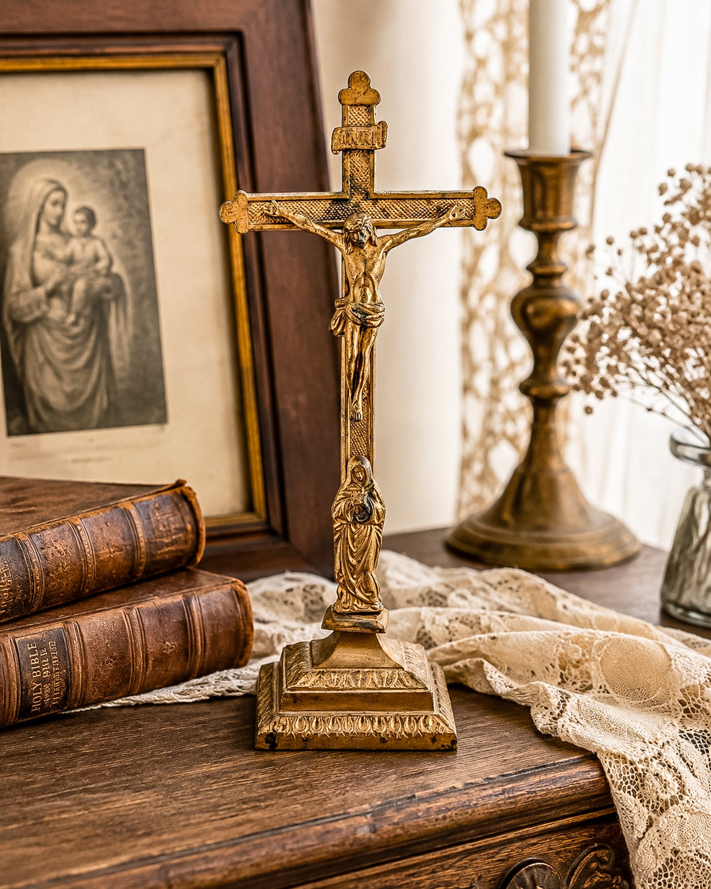 Antique Brass Standing Altar Crucifix with Mary Figure at Base and Ornate Tiered Square Base